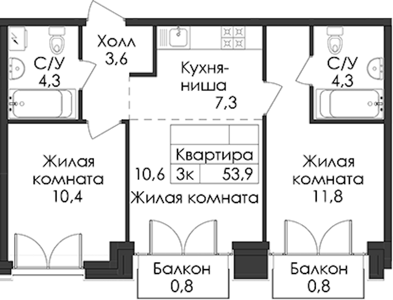 2-комнатная квартира 53.9 м², 6/9 эт., ЖК «Лермонтовский 54»